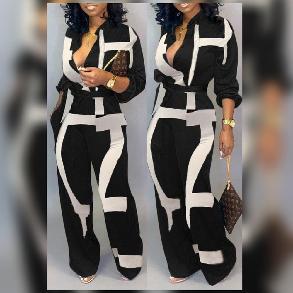 Abstract Print Belted Classic Jumpsuit